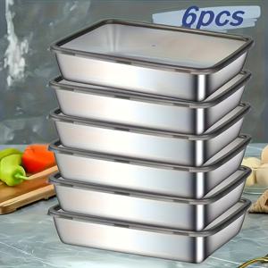 TEMU 6pcs 스테인리스 식품 보관용기 세트, 쌓을 수 있는 냉동실 사용 가능한 다목적 사각형 주방 수납함, 식기세척기 사용 가능, 전기 불필요, 가정 및 케이터링에 적합, 두 가지 색상