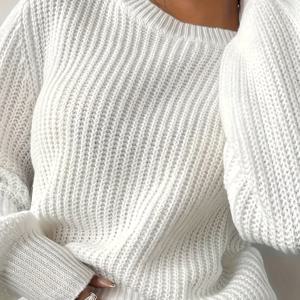 TEMU 솔리드 컬러 여성용 우아한 긴팔 풀오버 - 부드러운 라운드넥 겨울 스웨터, 편안한 가을/겨울 상의