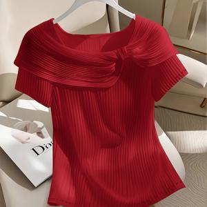 TEMU LYYVE 여성용 반팔 페탈 라펠 칼라 블라우스 - 슬림핏 숏 티셔츠, 플리츠 에지 & 라펠, 솔리드 컬러 캐주얼 & 오피스웨어, 세탁기 사용 가능한 우아한 탑 (패딩 없음) - 브랜드 네임 스타일 적합