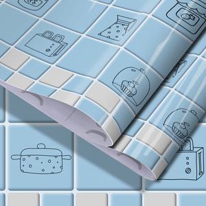 TEMU 귀여운 패턴이 있는 파란색 자체 접착식 벽지 롤, 쉽게 찢어지고 붙이는 방수 및 방유, 내열성, 제거 및 절단 가능, 설치 및 청소 용이, 주방 스토브, 캐비닛, 침실, 욕실에 적합