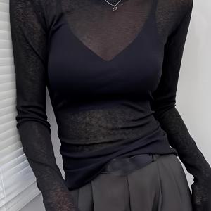 TEMU 플러스 사이즈 - 여성용 플러스 사이즈 라운드넥 베이스 레이어 탑, 2025년 봄/가을 신상 스타일, 약간의 투명한 디자인의 패셔너블한 긴소매 얇은 쉬어 티셔츠