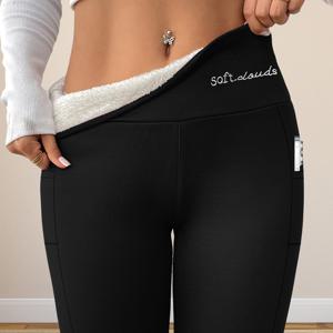 TEMU 1개 400G 여성용 초극세사 안감 레깅스, 자수 장식 - 하이웨이스트 스냅 팬츠, 가을/겨울용, 요가에 적합, 복부 다듬기 및 힙업 디자인, 캐주얼 및 포멀 행사 모두에 이상적인 두꺼운 겨울 레깅스|헬스복