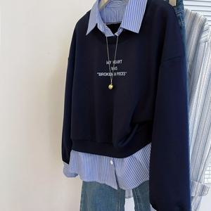 TEMU 여성용 캐주얼 투인원 긴팔 카라 스웨트셔츠, 루즈핏, 봄·가을 착용에 적합