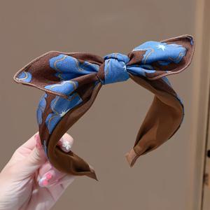 TEMU 고품질 새틴 브라운과 블루 대비 리본 헤어밴드, 와이드 토끼귀 다용도 헤어 액세서리|머리띠