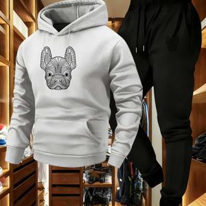 TEMU 남성용 불독 그래픽 후드티 & 조거 팬츠 세트 - 어반 스타일, 부드럽고 따뜻한 착용감, 100% 폴리에스터 소재, 슬림 블랙 디자인, 후드 스웨트셔츠, 가을과 겨울을 위한 긴 바지, 힙합 룩|스포츠|냉장고바지|남자바지