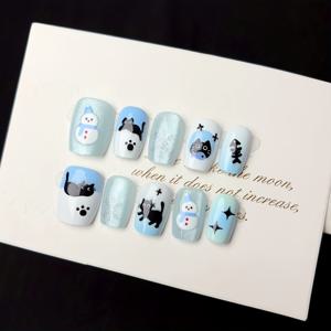 TEMU 겨울용 10pcs 웨어러블 네일, 리틀 캣아이 네일 아트, INS, 귀여운 눈사람 블루 웨어러블 네일, 슈퍼 숏 래더, 여성 DIY 달콤하고 시크한 탈착식 인조 네일, 여성 휴가 외출용: 푸시형 인조 네일, 휴일 의상,스위트 스타일,귀여운 네일 아트,사전 도장된 손톱,쉬운 적용,프레슨 네일,여성 패션,DIY 매니큐어