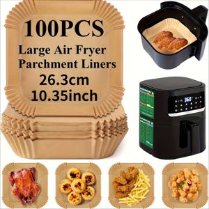 TEMU [두꺼운] 100장 에어프라이어, 오븐, 전자레인지용 스틱 양피지 라이너, 고열 내성, 주름진 가장자리, 방수, 치킨윙, 감자튀김, 파티용품, 쉬운 청소, 필수 주방 액세서리, 사각형, 기름흡수 소재|에어프라이어