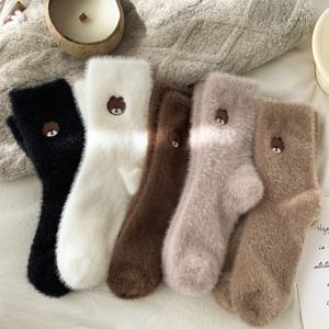 TEMU 여성용 귀여운 곰 플러시 양말 5켤레 - 안감 두꺼운 보온 겨울용 미드 캐프 플로어 양말, 집에서 추운 날씨에 적합 - 5켤레 팩 (커피색)