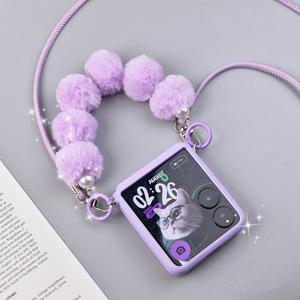 TEMU 휴대폰 케이스 - 풀 라벤더 퍼플 + 퍼플 플러시 핸드백 + 대각선 더블 버클 퍼플 롱 스트랩 풀 커버리지 폰 케이스 (Z Flip 7, Z Flip 7 FE, Z Flip 6, Z Flip 5 호환) - 자체 부착 사이드 버클 가죽 텍스처