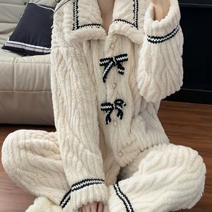 TEMU 가을 겨울 코랄 보우 잠옷 여성 우아한 스타일 달콤한 가디건 따뜻한 두꺼운 투피스 세트