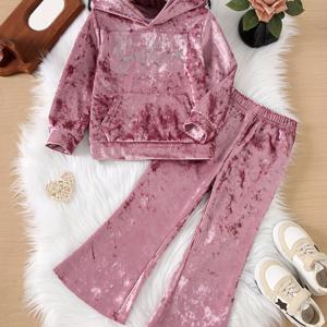 TEMU 여아용 봄/여름/가을 2종 세트: 단색 레터링 라인스톤 포켓 긴소매 후드 빈티지 스웨트셔츠와 단색 편안한 플러시 안감 긴바지 세트, 고급스럽고 패셔너블한 단색 여아용 가을 의상, 야외 활동에 적합