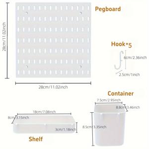 TEMU 8개 페그보드 벽면 정리 세트 | 다기능 화이트 디스플레이 보드 (후크, 수납 선반, 컨테이너 포함) - 주방, 거실, 욕실, 사무실, 다용도 랙에 적합