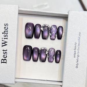 TEMU 10개입 핸드메이드 코브라 테마 보라색 고양이 눈 네일 아트 스티커 (라인스톤 & 균열 패턴) - 중간 크기 사각형 재사용 가능 풀 스틱 아크릴 인조 네일