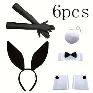 TEMU 고급스럽고 우아한 여성용 할로윈 토끼 머리장식 세트, 토끼 귀, 헤어밴드, 장갑, 리본 목 소매, 꼬리 포함 [귀여운, 블랙] 역할극 부활절 파티 코스튬 액세서리 [1세트 6개]