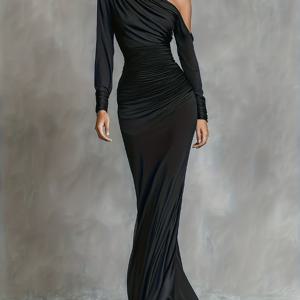 TEMU 여성을 위한 우아한 블랙 새틴 원숄더 인어 공주 드레스. 볼, 뮤직 페스티벌, 선물, 공식 행사, 크리스마스, 파티, 생일 축하, 데이트에 적합하며, 세련되고 지적인 미적 감각을 표현합니다.