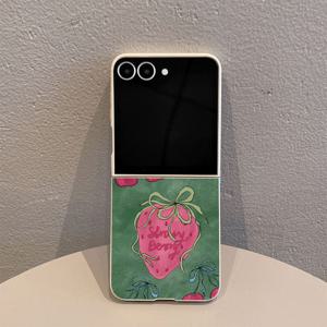 TEMU 폰 케이스: 7289 그린 베이스 딸기 체리 화이트 베이지 TPU 프린트 패턴 풀 커버리지 충격 방지 폰 케이스, 갤럭시 Z 플립 7/7SE/FE, Z 플립 6, Z 플립 5, Z 플립 4/플립 3 5G, 슬림 경량 소프트 케이스 스크래치 방지