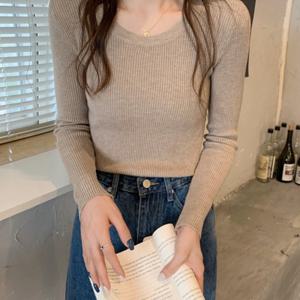 TEMU 여성용 한국식 슬림핏 고탄력 얇은 레이어링 스웨터 - 로우 라운드넥 긴팔 베이스 탑, 부드러운 겨울 베이스 레이어 블라우스/드레스용, 한국 스타일 (손세탁 가능) - 가을 & 겨울|가을원피스