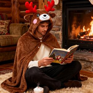 TEMU 남성용 부드러운 사슴 웨어러블 후드티 - 초극세사 코스프레 에어컨 담요 후드티, 웨어러블 따뜻한 케이프 숄, 편안한 라운지웨어 파자마, 귀여운 동물 할로윈 및 크리스마스 코스튬 후드티, 가을 및 겨울용 포근한 홈웨어