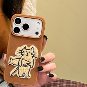 TEMU 자수 귀여운 강아지 아이폰 케이스 - 17, 16 프로, 16 프로 맥스, 14, 13, 15 프로 맥스 호환 - 가을/겨울 갈색 고양이 디자인 풀 커버 소프트 보호 케이스, 내구성 여성 선물