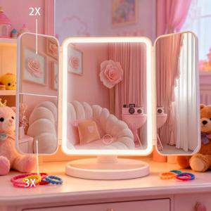 TEMU 1개 LED 메이크업 거울, 360° 회전 3단 디자인, 3가지 색상 조명 (화이트, 웜, 믹스) & 충전식 배터리, 3면 접이식 책상 거울 (수납 공간 포함), 도orm, 사무실, 화장대용 광택 플라스틱 프레임 & 유리 표면