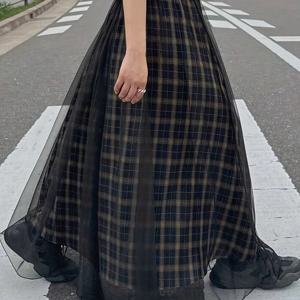 TEMU 봄/여름 여성용 우아한 빈티지 체크 스커트, 플로우 A라인 미디 드레스 (메쉬 패널 & 탄력성 허리)