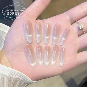 TEMU 30개입 긴 아몬드 모양 인조 손톱 | 누드 그라데이션 프렌치 고양이 눈 글로시 마감, 데일리, 데이트, 파티, 축제용 재사용 가능 (젤 및 폴리쉬 스트립 포함)|네일스티커