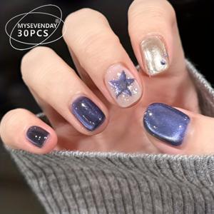 TEMU 여성용 블루 스타 & 폴카 도트 짧은 길이 프레스온 네일 30개 세트 - 젤 글루 & 파일 포함, 파티, 일상, 이벤트용 재사용 가능한 인조 네일 (짧은 길이, 적용) - 광택