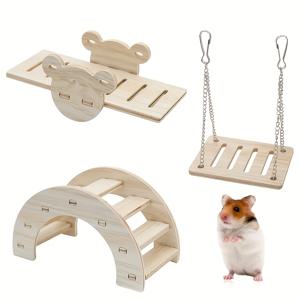 TEMU 3개 나무 햄스터 장난감 세트 (고도교, 그네 & 그네대 포함) - 튼튼한 합판 구조, 배터리 불필요, 천연 나무 마감, 실내 햄스터 서식지 장식에 적합, 작은 햄스터 & 골든댁에 완벽, 햄스터 장난감