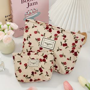 TEMU 여성을 위한 베이지색 가방 세트, 빨간 장미 패턴, 여행용으로 내구성이 좋고 휴대 가능, 다양한 사이즈의 메이크업 보관 공간 포함, 실용적인 동전 지갑, 메이크업 브러쉬 정리함, 여성, 친구 또는 학생을 위한 완벽한 크리스마스 선물
