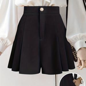 TEMU 새로운 여성용 플리츠 A라인 앞지퍼 뒷면 신축성 허리 미드라이즈 캐주얼 편안한 우아한 쇼츠