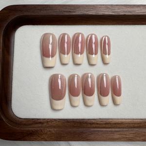 TEMU 10개입 핸드메이드 인조 네일 - 미드-트라페조이드 캣아이 프렌치 매니큐어, 자연스러운 & 누드 톤의 글로시 아크릴 네일, 파티용 재사용 & 탈착 가능