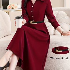 TEMU Women's Stylish Wine Red Shirt ess with Belt - Elegant Lapel, Button Front, Long Sleeve, Maxi Length for Sophisticated Women, Without A Belt