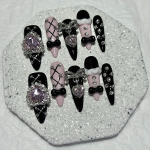 TEMU 핸드메이드 Y2K 스타일의 웨어러블 네일 10개 세트, 스위트하트 스커트 인조 손톱, 멋지고 귀여운 리본, 포인트 네일 아트 네일 용품 (젤리 스티커 1개 + 플라스틱 스틱 1개 + 네일 파일 1개, 참고: 접착제 미포함)