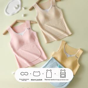 TEMU 소녀용 두꺼운 겨울 속옷 4피스 세트 - 고탄력 라운드넥 상의 & 매칭 하의, 포켓 디테일, 세탁기 사용 가능, 청소년 성장기 의류 (브라 불필요)
