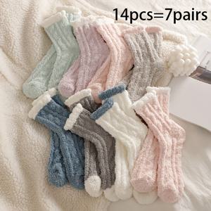 TEMU 14개 여성용 겨울 따뜻한 양말 - 소프트 코랄, 리브드 트림, 연한 색상, 세탁기 사용 가능 실내/실외 편안한 플러시 양말, 부드러운 질감, 포근한 착용감, 겨울 양말, 부드러운 감촉, 연한 색상 양말, 편안한 소재, 부드러운 재질, 따뜻한 양말, 크리스마스 선물, 추운 날씨용 의류,휴일 선물