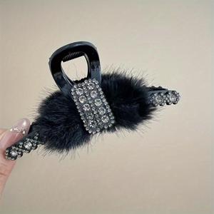 TEMU 빈티지 우아한 플러시 헤어클립, 반짝이는 라인스톤 대형 인조 퍼 롱 헤어 액세서리, 14세 이상 여성을 위한 가을 겨울 고급 상어 장식