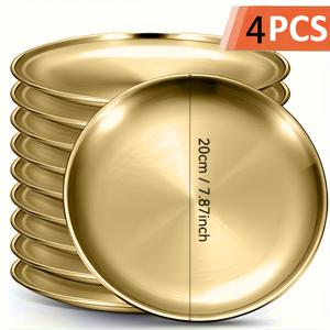 TEMU 4개 세트 대형 라운드 스테인리스 스틸 디너 플레이트 (뚜껑 포함) - 캠핑, 웨딩, 뷔페용 헤비듀티 골드 서빙 플레이트 | 식기세척기 안전, 녹 방지, 쌓기 가능 (4개 세트)|식기세척기|식기세척기