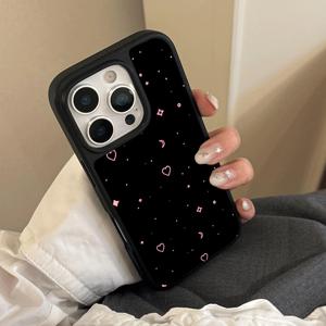 TEMU 휴대폰 케이스 - 블랙 앤 핑크 하트 & 별 디자인. 아이폰 17 Pro Max 케이스, 아이폰 16 Pro/15/14/13 Pro/12/11 케이스에 적합합니다. 미니멀하고 창의적인 스타일로, 곱슬없는 유리 글라스로 제작되어 낙하 방지 기능을 제공합니다.|아이폰케이스