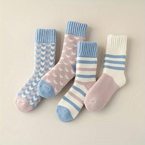 TEMU 4팩 테리클로스 여성용 중목 양말, 가을/겨울용 두꺼운 안감 보온 양말, 겨울 실내용 바닥 양말