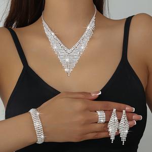 TEMU 신부를 위한 럭셔리하고 우아한 반짝이는 라인스톤 태슬 목걸이, 팔찌, 귀걸이 및 반지 세트