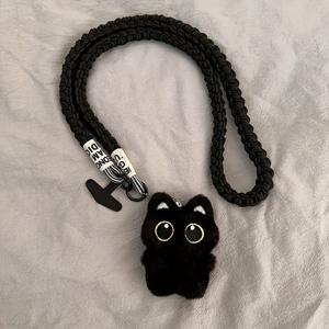 TEMU 1개 트렌디 브랜드 INS 인기 빅아이 블랙 캣 플러시 폰 케이스, 목걸이 스트랩 및 크로스바디 슬링 포함, 외출용 숄더 행잉 CCD 카메라 여성용