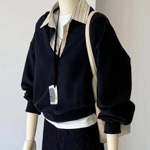 TEMU 컬러블록 셔츠 칼라 2-in-1 룩 스웨트셔츠 여성용 새로운 루즈 풀오버 캐주얼 탑|블라우스|여성의류