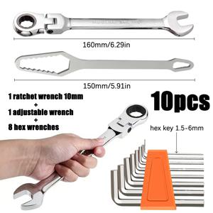 TEMU 10개 다기능 래칫 렌치 세트, 스위블 헤드 콤비네이션 렌치, 180도 회전 듀얼 헤드, 리버서블 조절 토크, 초내구성 크롬 바나듐 스틸, 인체공학적 핸들, 72톱니 정밀 다목적 자동차 수리 도구 - 자동차, 자전거, , 요트 유지보수 및 수리용