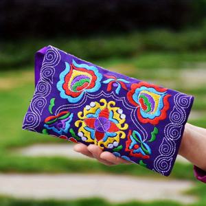 TEMU 꽃 수 놓은 지갑, 에스닉 스타일 패브릭 동전 가방, 여성용 지퍼 스퀘어 손목 지갑