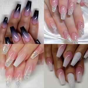 TEMU 4세트 96개 미디엄 롱 코핀 프레스온 네일 글리터 그라데이션 패턴 인조네일 광택 인공 손톱 매니큐어 네일