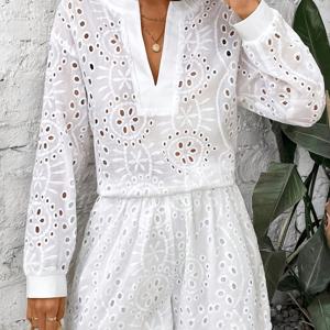 TEMU 6069 우아한 V넥 홀아웃 셔츠와 여성용 반바지 세트