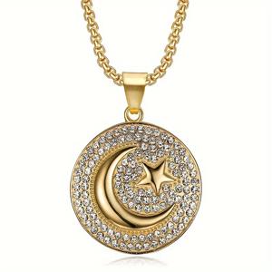 TEMU 남녀 공용 별과 달이 특징인 트렌디한 힙합 주얼리 1개, 국기 펜던트와 나이트클럽에 적합한 스텀딩 라운드 디스크 목걸이 포함