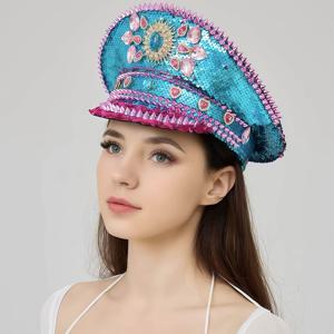 TEMU 블링 캡틴 모자 라인스톤 여성 & 남성용, 블루 스파클 & 배지가 있는 글리터 파일럿 모자 | 남성용 버닝 페스티벌 모자, 레이브 파티, 음악 페스티벌 | 마르디 그라스를 위한 화려한 코스튬 액세서리