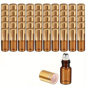 TEMU 암버 유리 롤러 보틀 50개 세트, 각 3ml, 에센셜 오일용 디자인, 스테인리스 스틸 롤러 볼 및 골드 캡 포함, 여행용 향수 및 화장품에 적합