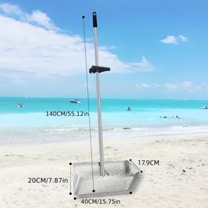 TEMU 해변용 접이식 스테인리스 스틸 모래망. 게 잡기 및 조개 모으기용으로 설계되었으며, 해변 삽 및 분류 및 사냥용 망충과 같은 도구와 함께 제공됩니다.